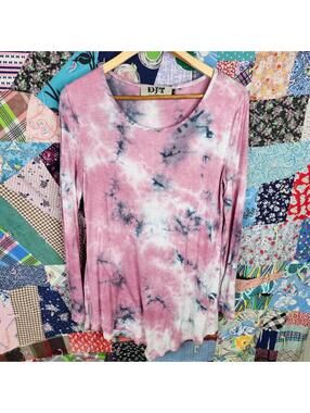DJT Women's Long Sleeve Tie-Dye Top - Pink & Gray - Large
